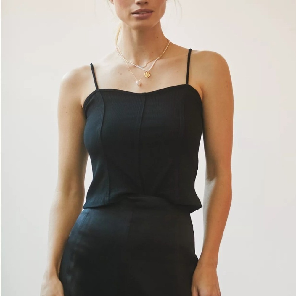 Maeve Anthropologie Corseted Cami Black Ribbed Knit Spaghetti Strap Tank Large